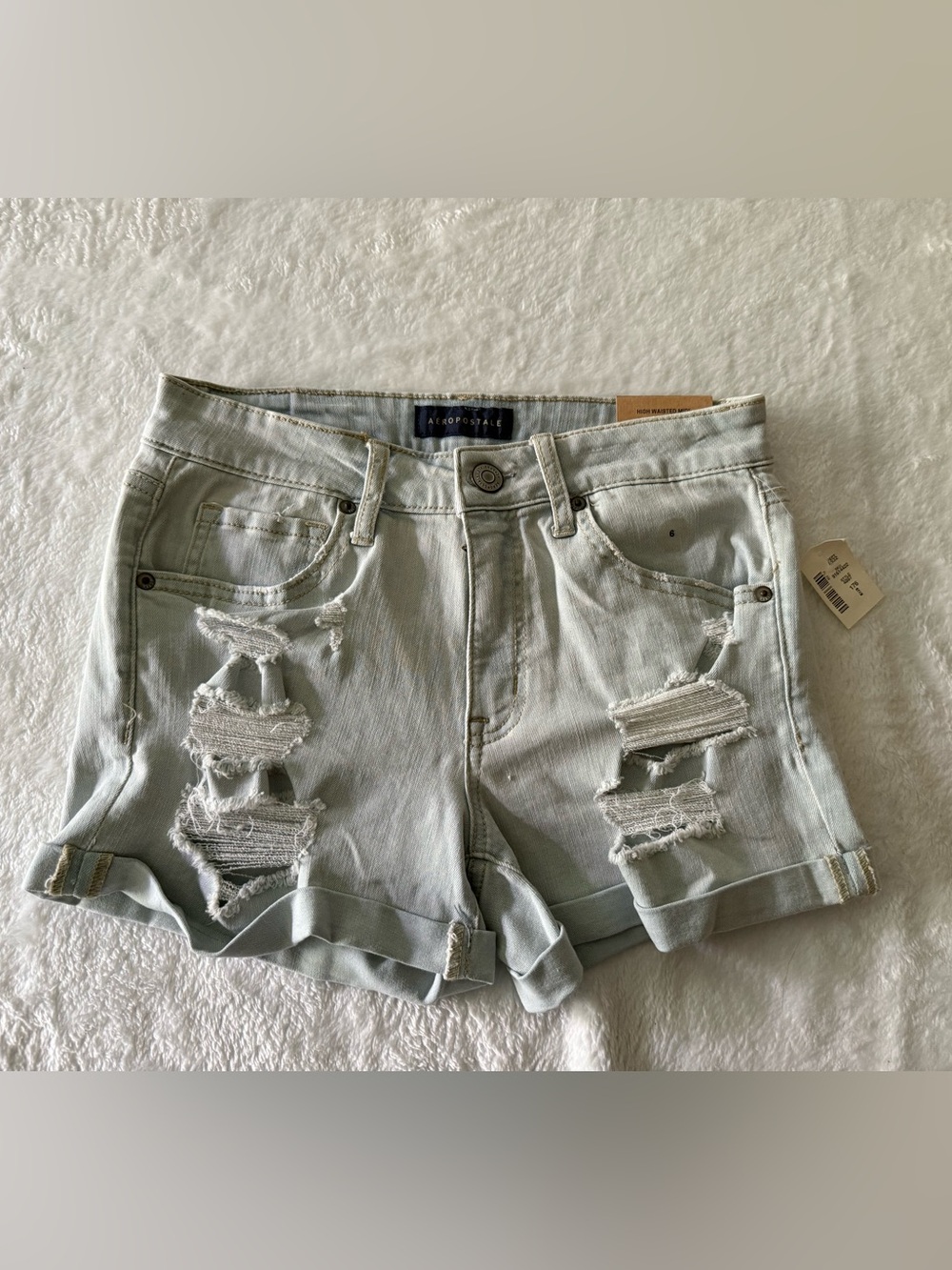 New Aeropostale High Waisted Midi Distressed Denim Jean Shorts Size 6 NWT